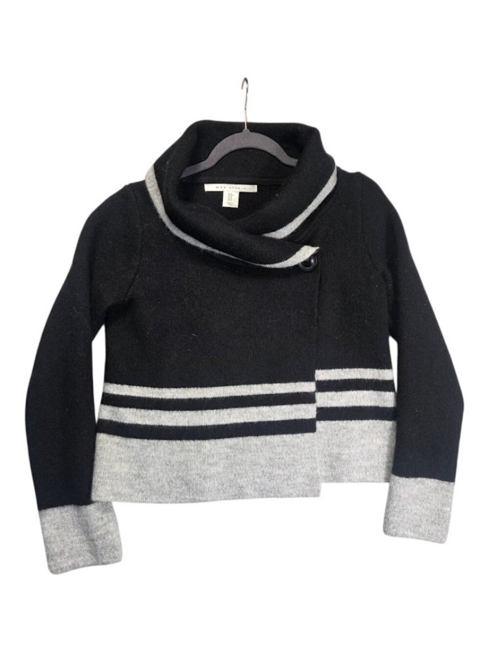 Max Studio Women Black Gray Striped Wool Blend Cowl Neck Wrap Sweater, Size S